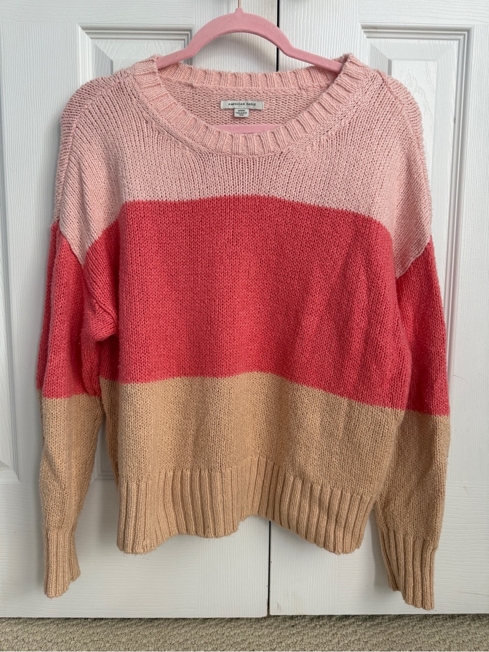 American Eagle Outfitters Colorblock Crewneck Sweater - Light Pink, Coral, Tan